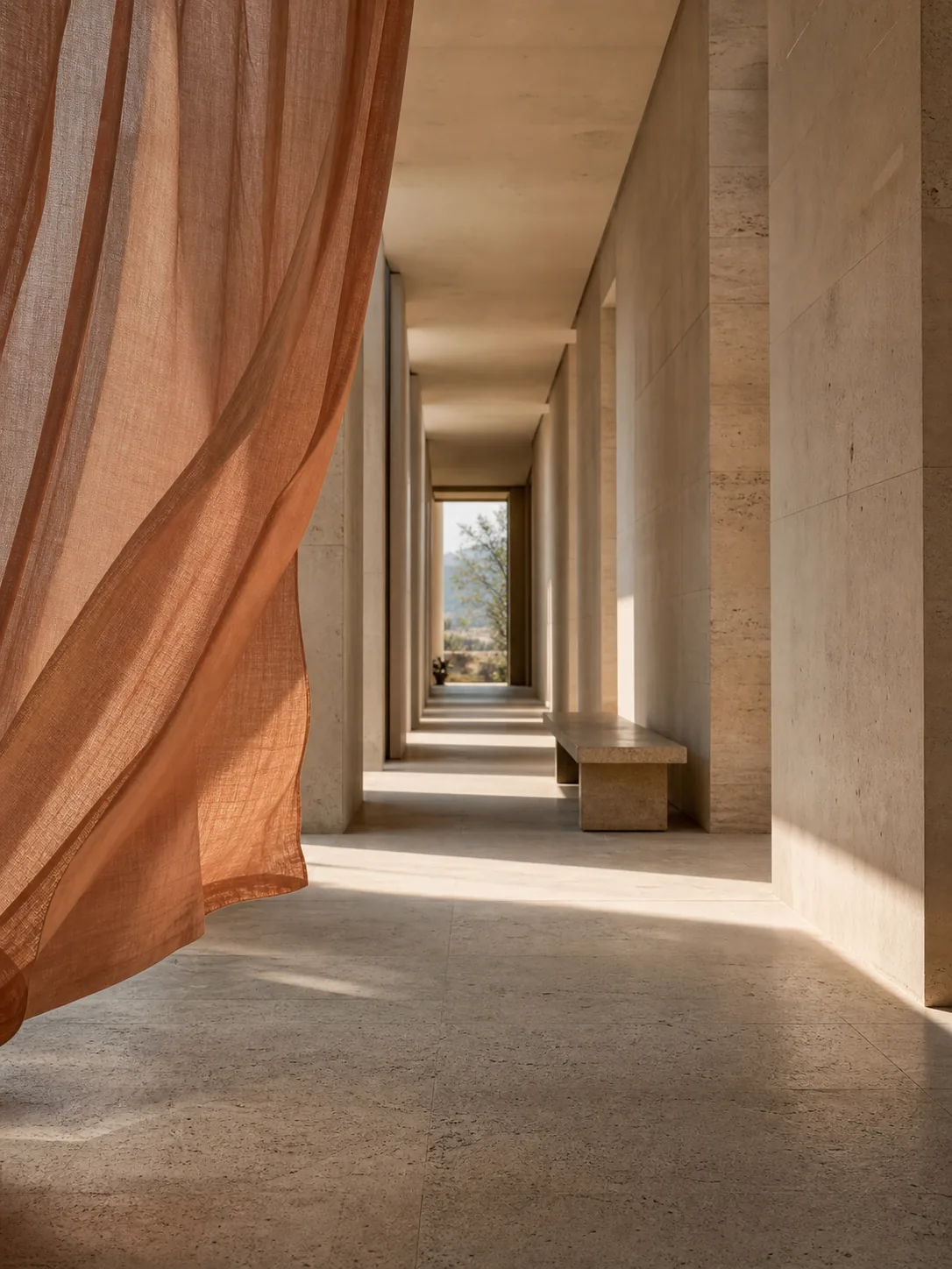 Sunlit limestone corridor with a sheer terracotta curtain lifted by a breeze